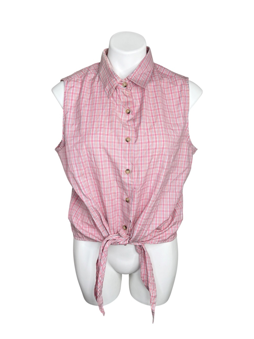 Vintage Y2K Karen Scott NWT Pink Blue Plaid Tie Front Sleeveless Cotton Blouse L
